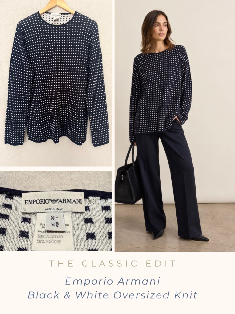 Emporio Armani Two-Tone Grid Knit Sweater | Cotton Viscose | Oversized | Tunic
